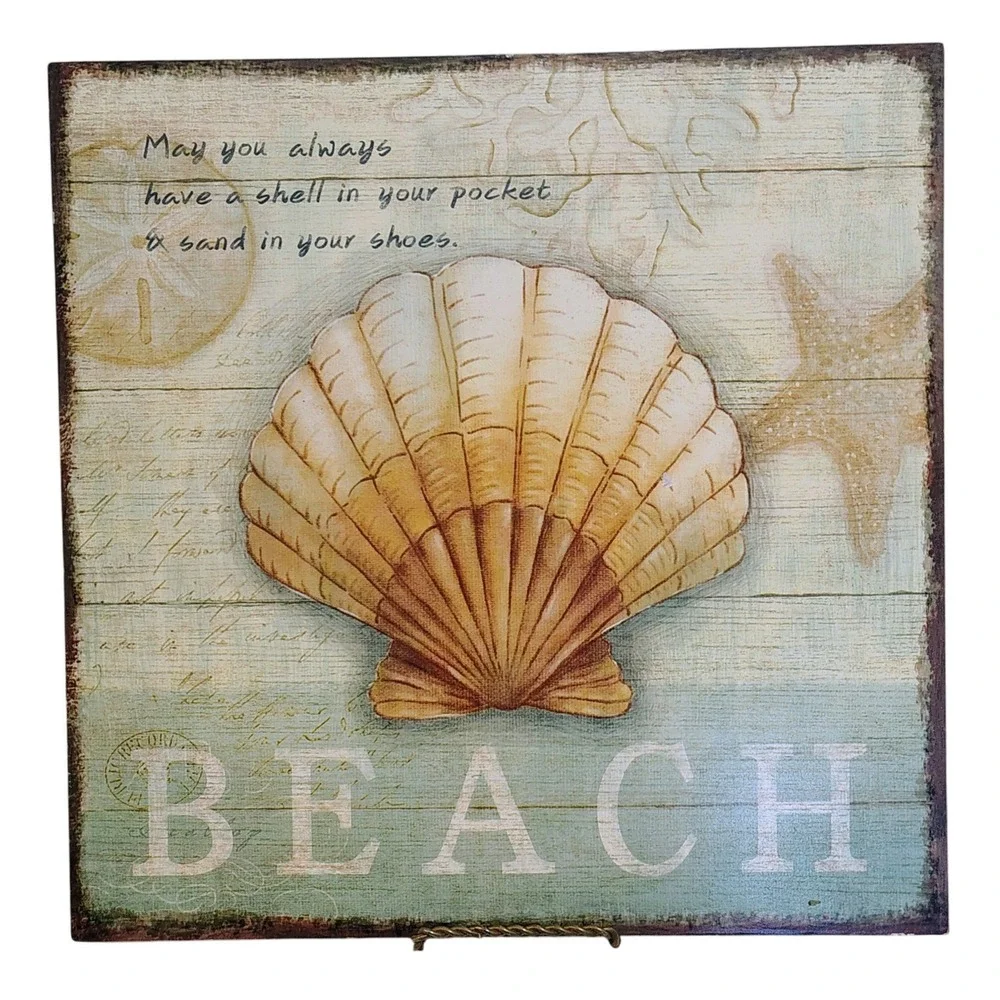 Beach Wall Art Sign Seashell Starfish‎ Quote Wood Plank Style Home Decor